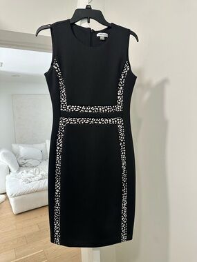 Calvin Klein Black Midi Sheath Dress with White Patterned Trim